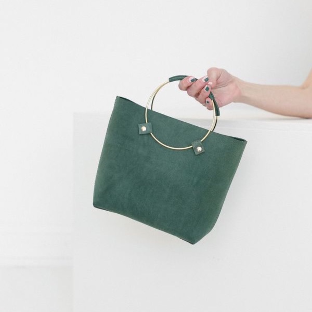 TRIBE ALIVE Suede Luxe Brass Handle Handbag in Sage Green